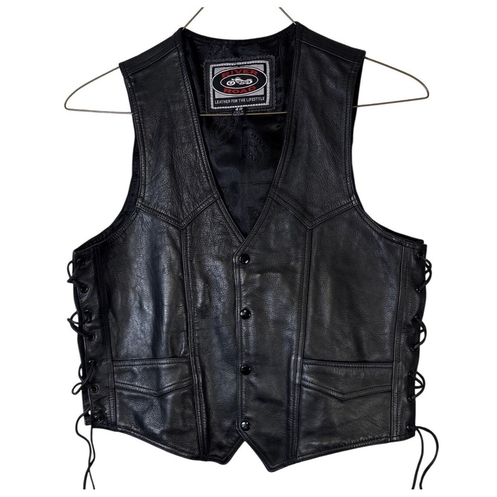 River Road Mens Black Leather Motorcycle Biker Vest Side Lace Size 40